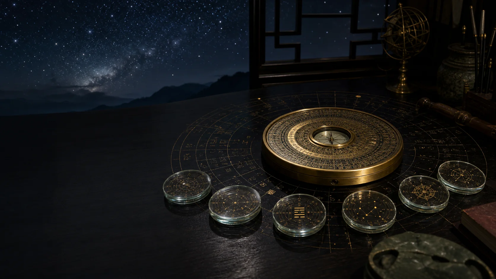 Luopan and six glass lenses under a shared starry sky